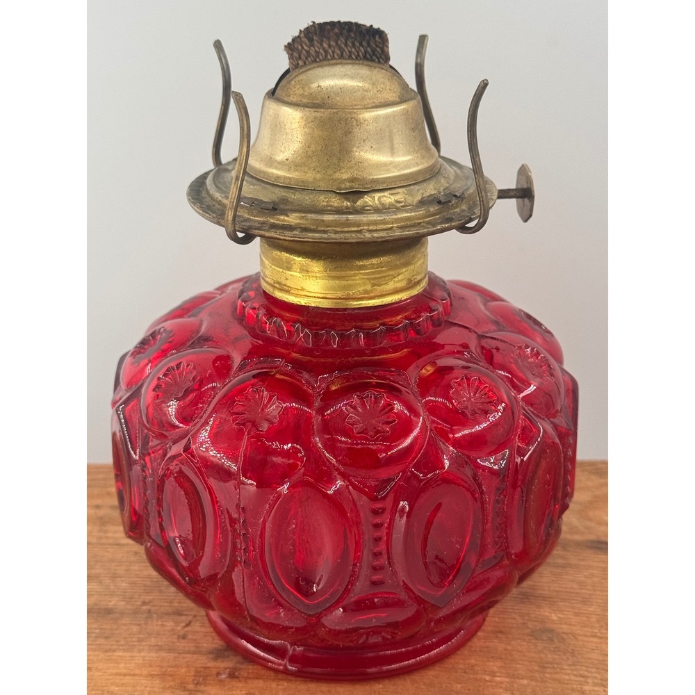 Vintage LE Smith Ruby Red Moon and Stars Glass Oil Lamp Base Eagle Burner 6.5in